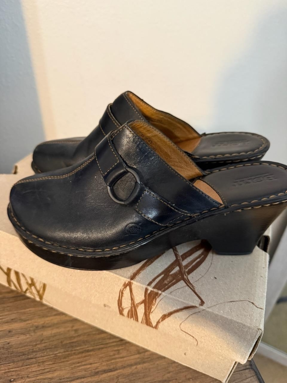 Women's Born Black Leather Slip-On Clog Mule with Buckle Detail